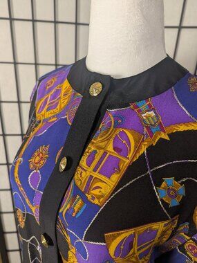 Vintage Oleg Cassini 100% Silk Jacket/Blouse Baroque Equestrian Print Sz 6